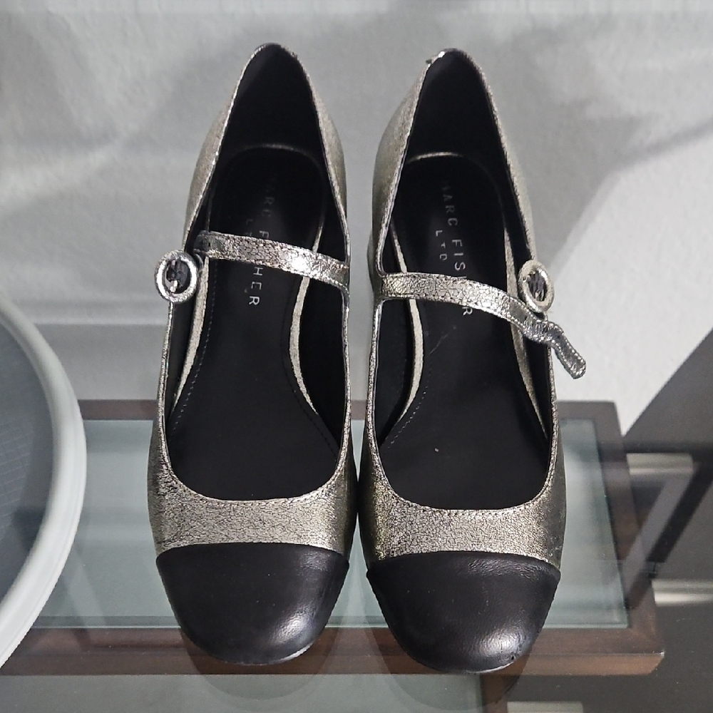 Marc Fisher Two-Tone Metallic Mary Jane Flats in Silver and Black